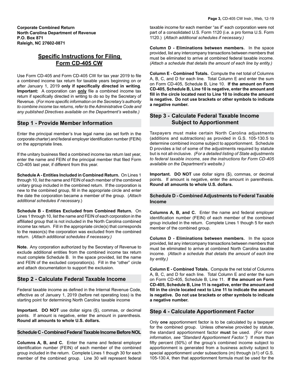 Instructions for Form CD-405 CW Combined Corporate Income Tax Worksheet - North Carolina, Page 3