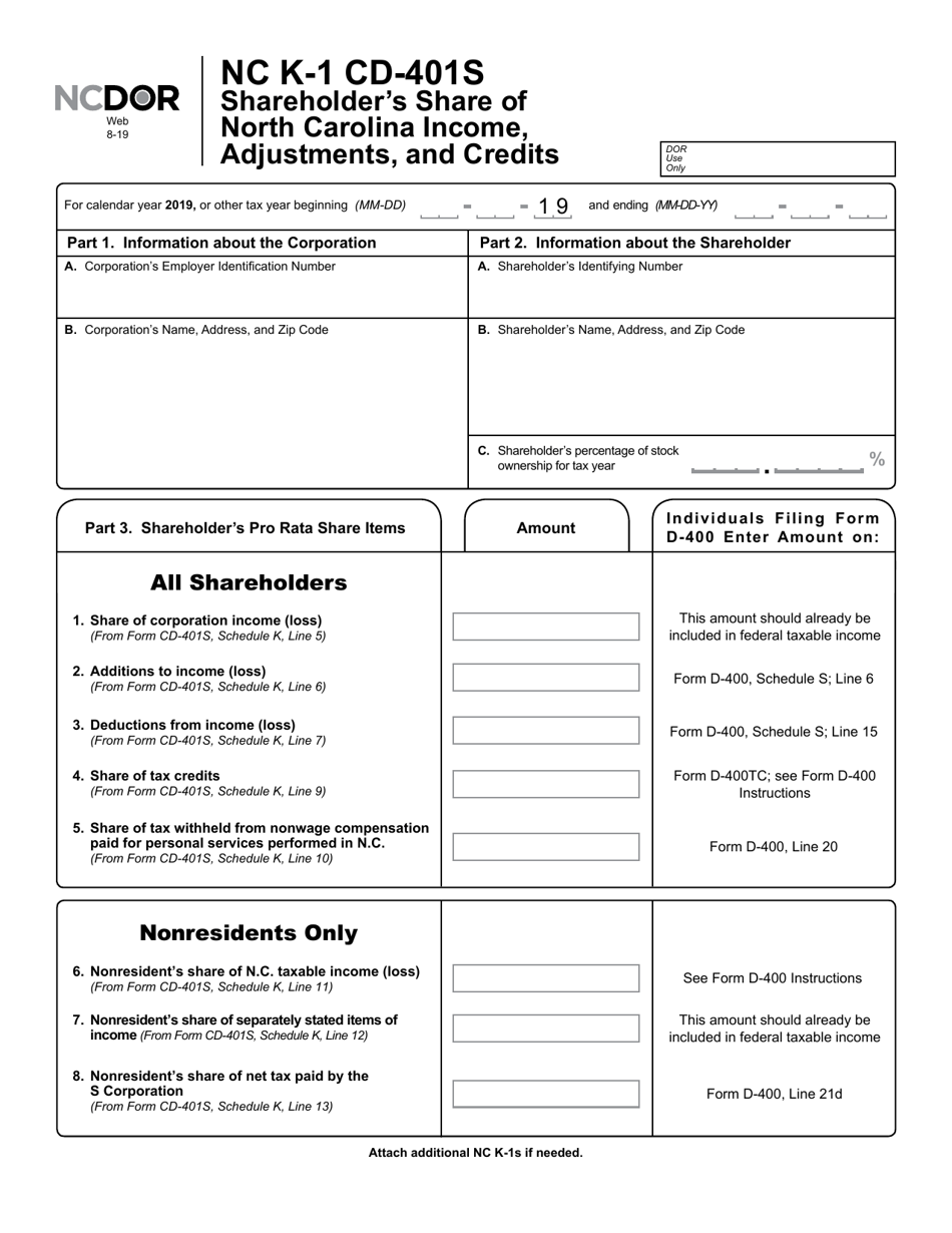 Form NC K-1 Shareholders Share of North Carolina Income, Adjustments, and Credits (For Form Cd-401s) - North Carolina, Page 2