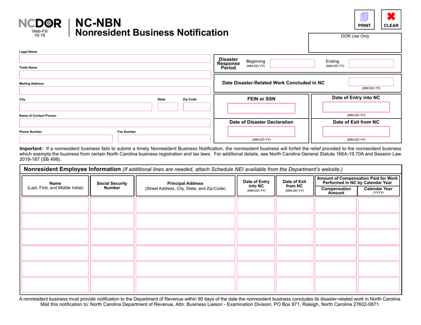 Form NC-NBN Nonresident Business Notification - North Carolina