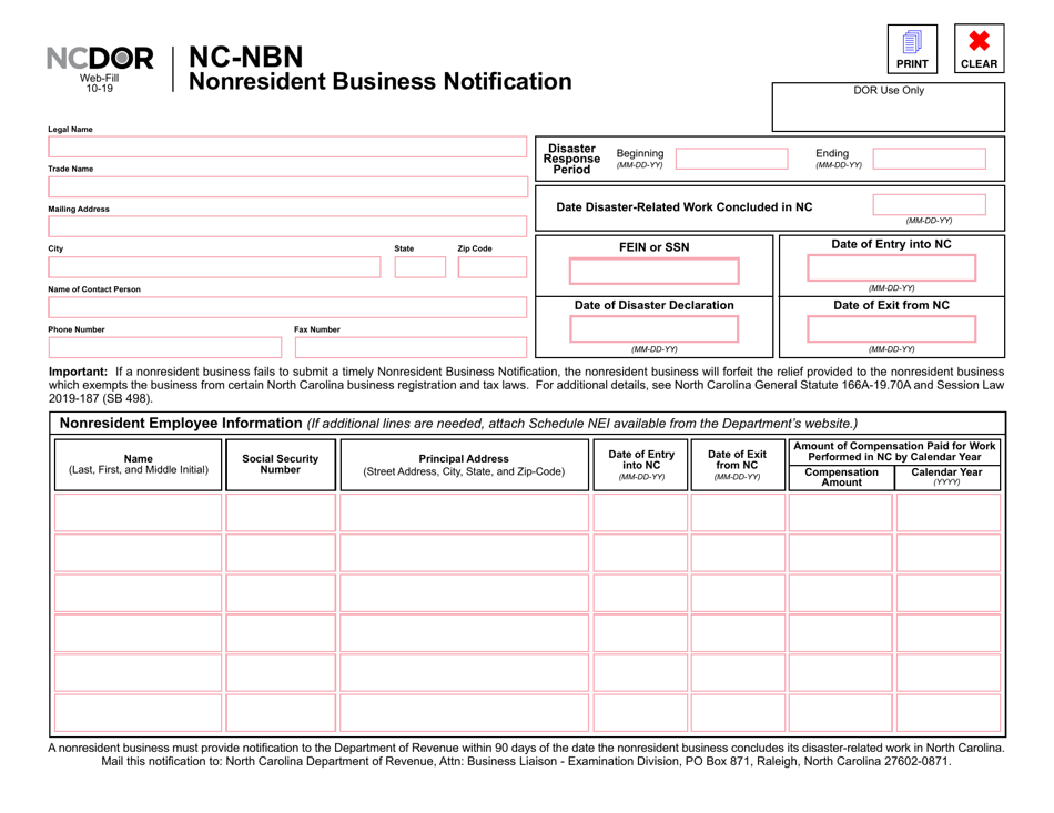 Form NC-NBN Nonresident Business Notification - North Carolina, Page 1