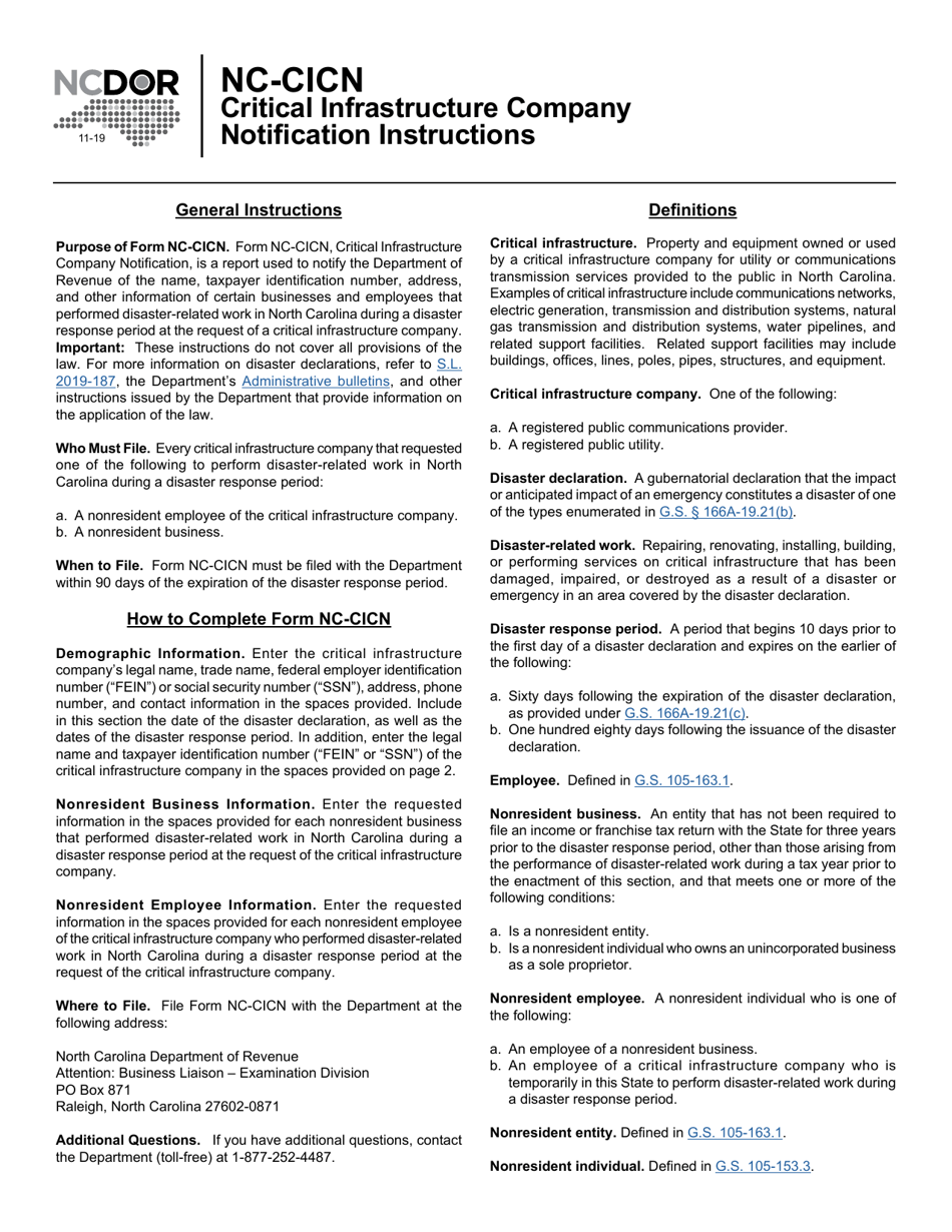 Instructions for Form NC-CICN Critical Infrastructure Company Notification - North Carolina, Page 1