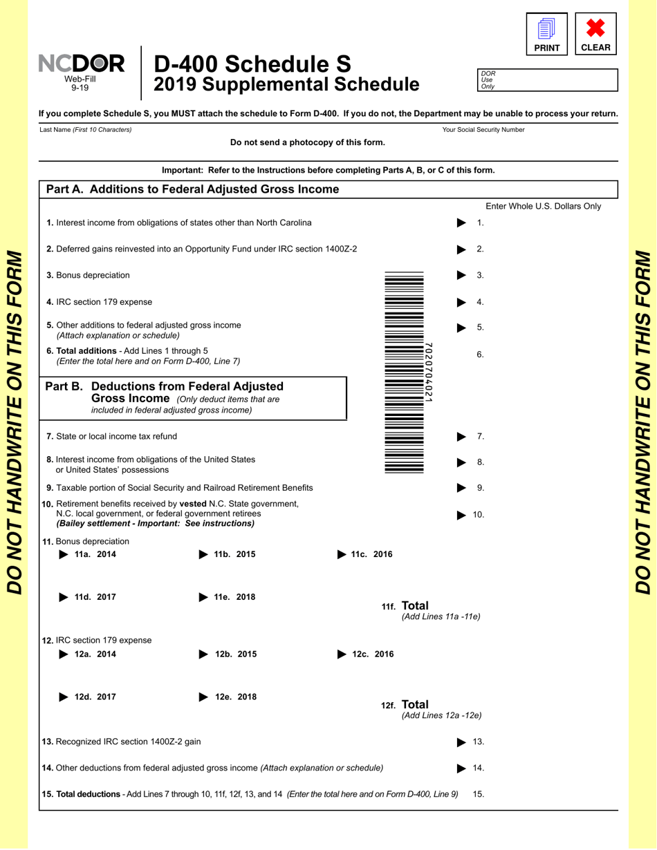 Form D 400 Schedule S Download Fillable Pdf Or Fill Online Supplemental Schedule 2019 North 8822