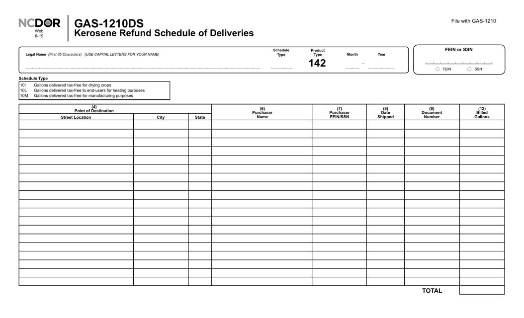 Form GAS-1210DS Kerosene Refund Schedule of Deliveries - North Carolina