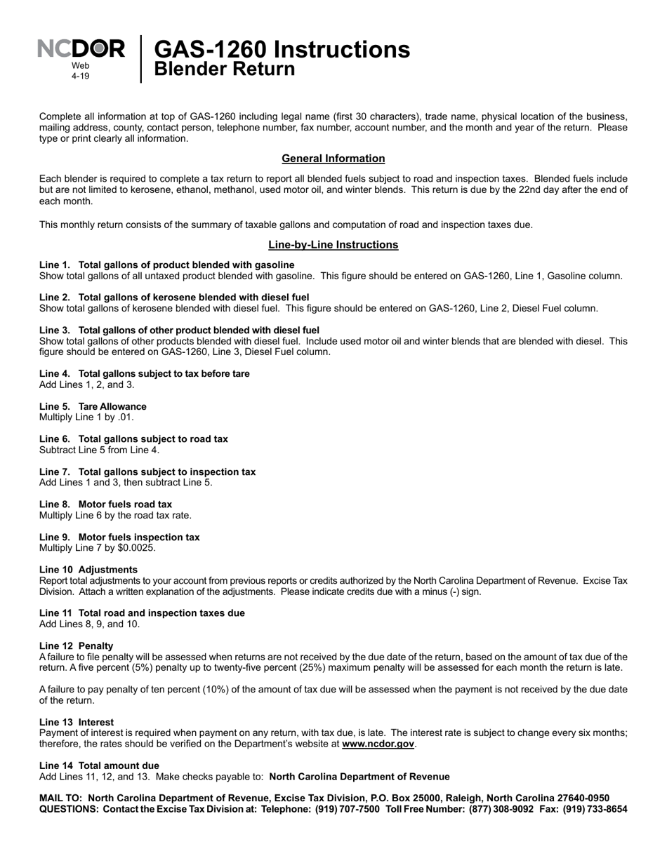 Instructions for Form GAS-1260 Blender Return - North Carolina, Page 1