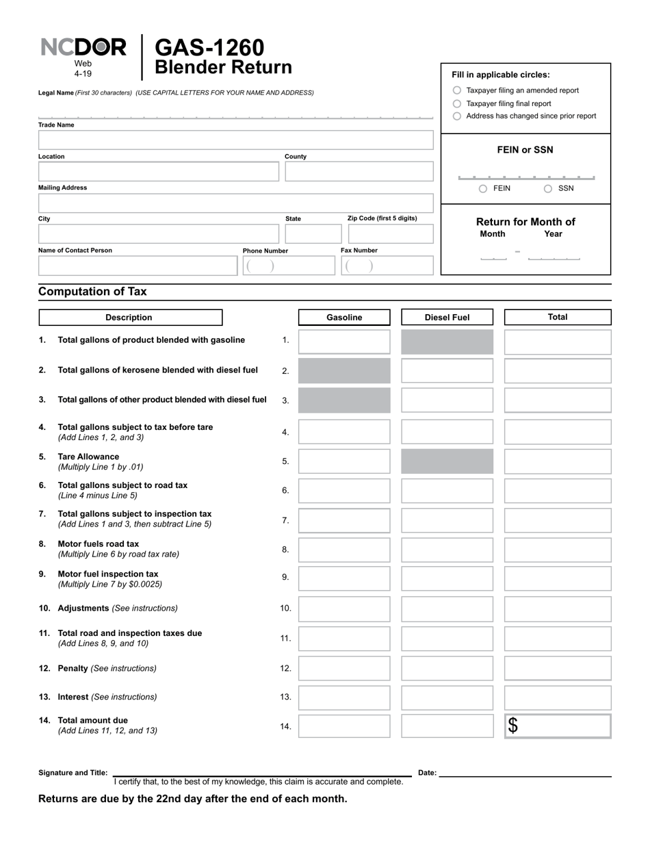 Form GAS-1260 Blender Return - North Carolina, Page 1