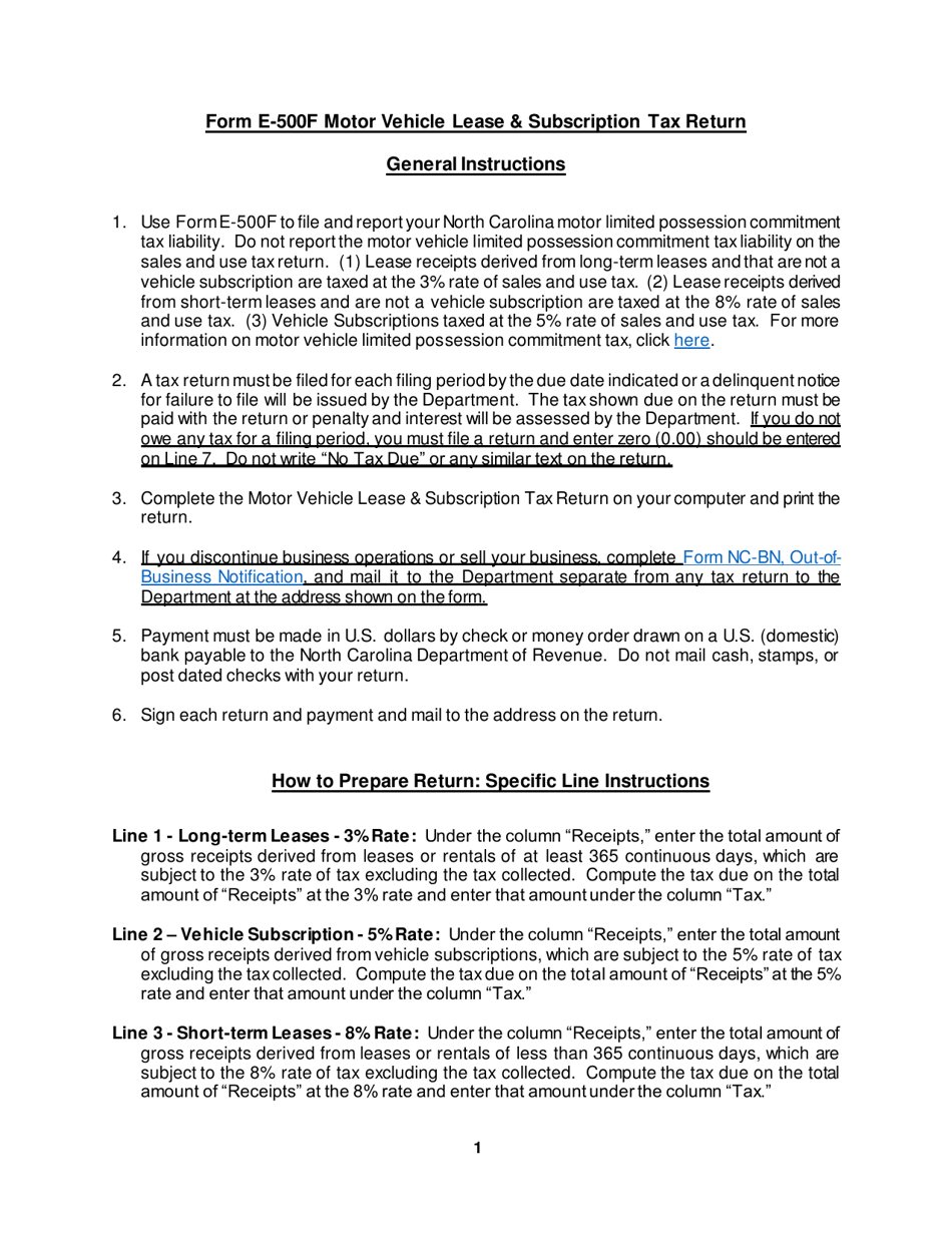 Instructions for Form E-500F Motor Vehicle Lease  Subscription Tax Return - North Carolina, Page 1
