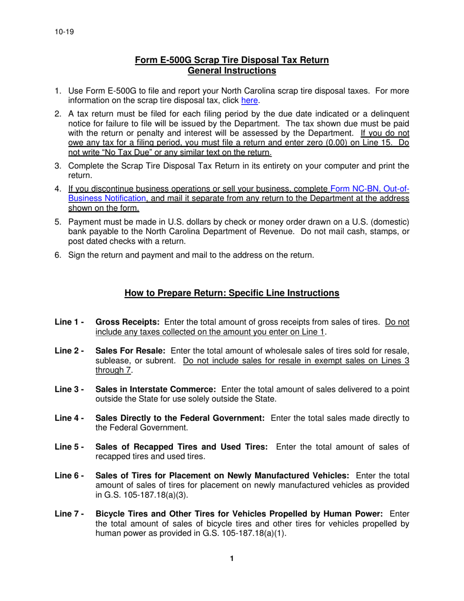 Instructions for Form E-500G Scrap Tire Disposal Tax Return - North Carolina, Page 1