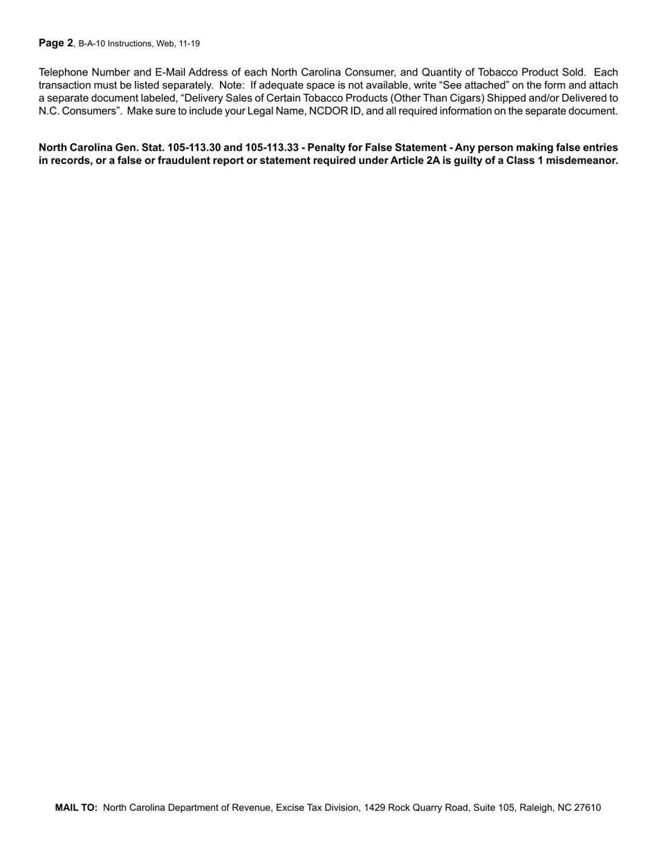 Instructions for Form B-A-10 Report of Delivery Sales of Certain Tobacco Products (Other Than Cigars) - North Carolina, Page 2