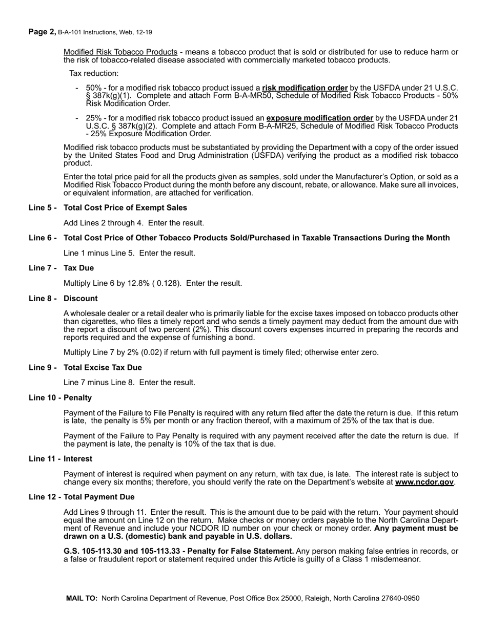 Instructions for Form B-A-101 Monthly Other Tobacco Products Excise Tax Return - North Carolina, Page 2