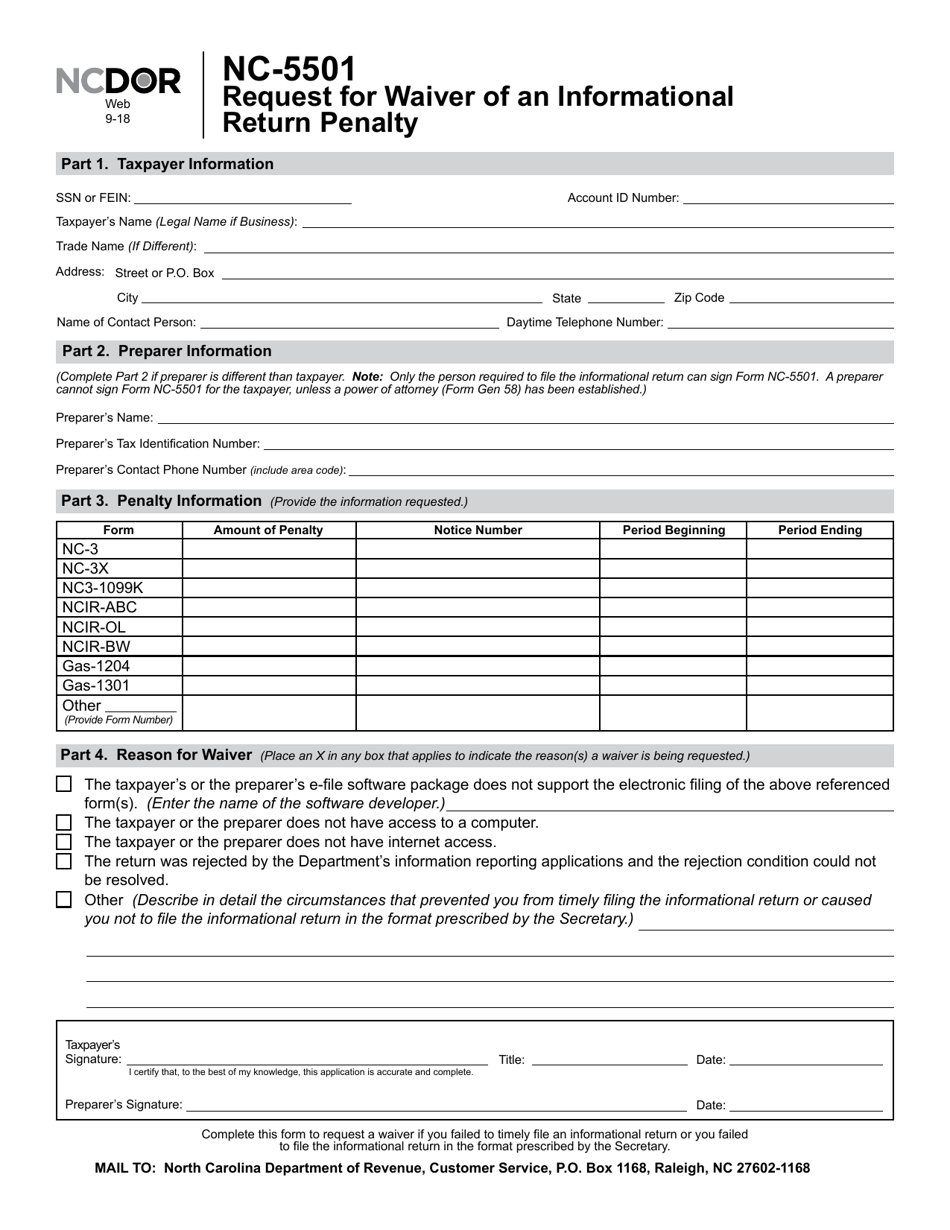 Request for Waiver of an Informational Return Penalty - North Carolina, Page 1