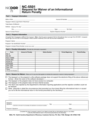 Document preview: Request for Waiver of an Informational Return Penalty - North Carolina
