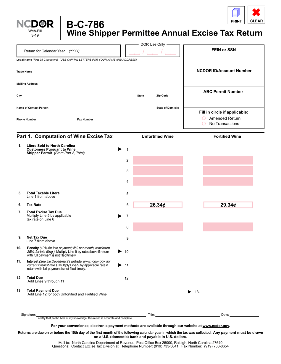 Form B-C-786 Wine Shipper Permittee Annual Excise Tax Return - North Carolina, Page 1