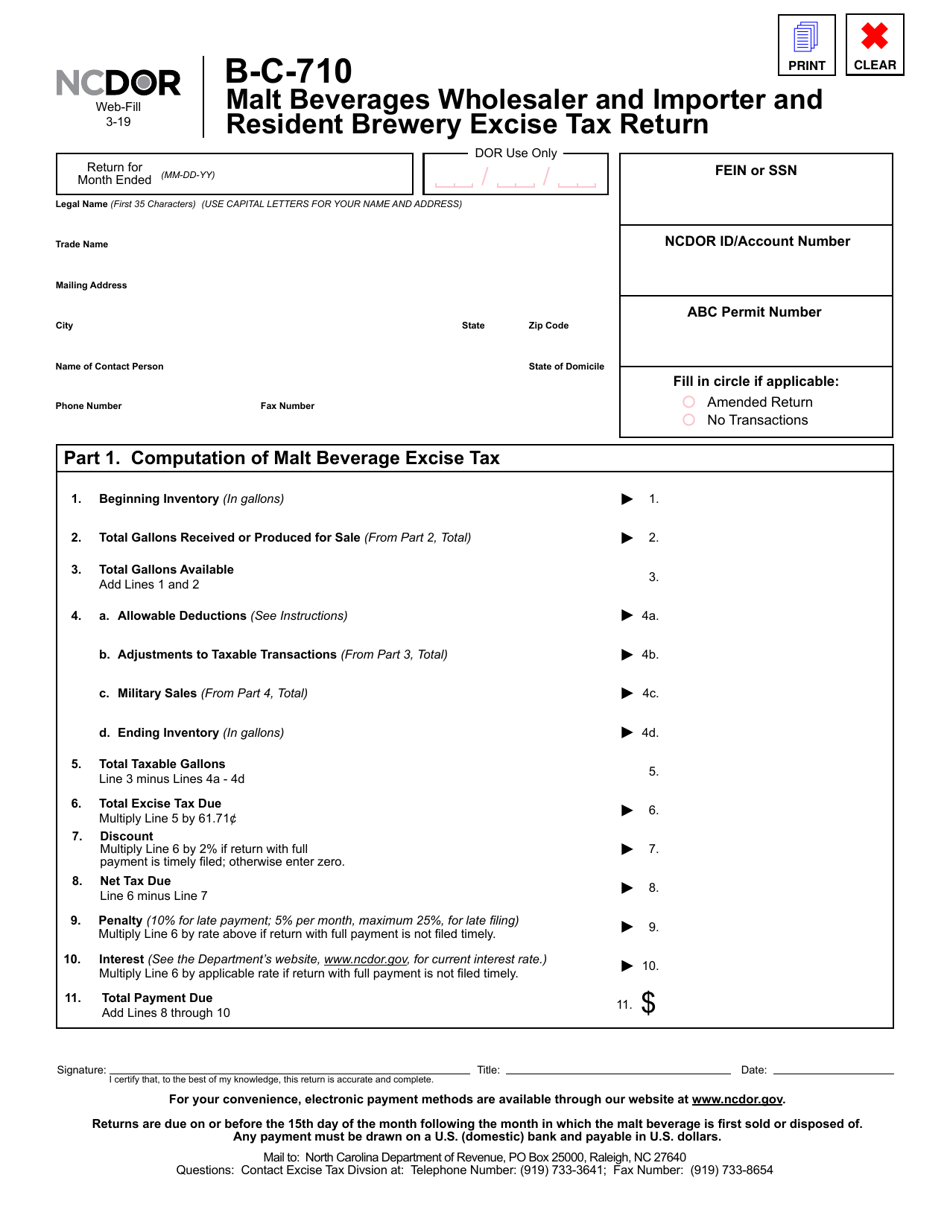 Form B-C-710 Malt Beverages Wholesaler and Importer and Resident Brewery Excise Tax Return - North Carolina, Page 1