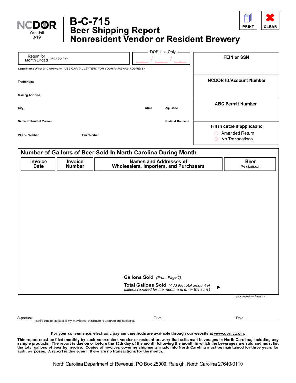 Form B-C-715 Beer Shipping Report Nonresident Vendor or Resident Brewery - North Carolina, Page 1