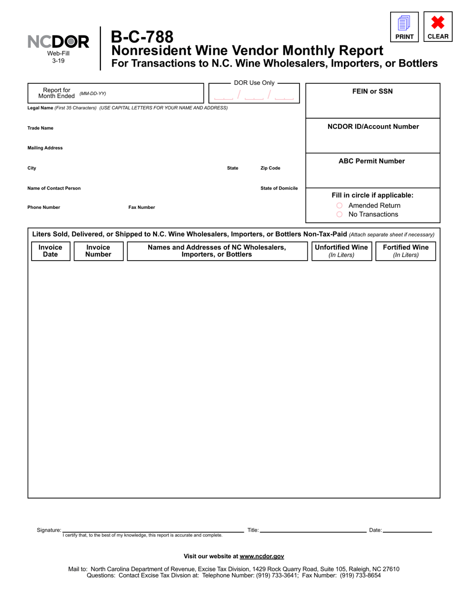 Form B-C-788 Nonresident Wine Vendor Monthly Report for Transactions to N.c. Wine Wholesalers, Importers, or Bottlers - North Carolina, Page 1
