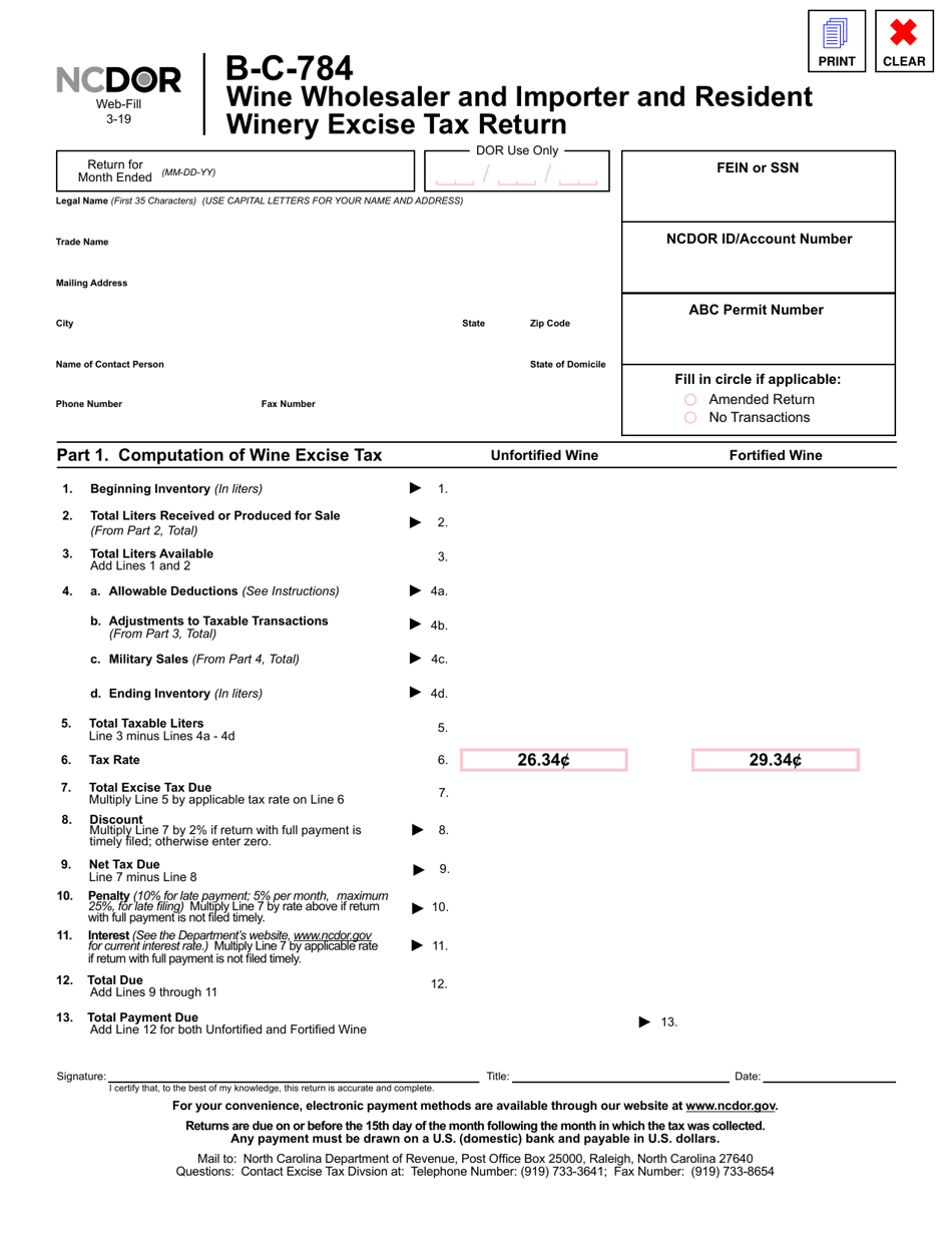 Form B-C-784 Wine Wholesaler and Importer and Resident Winery Excise Tax Return - North Carolina, Page 1