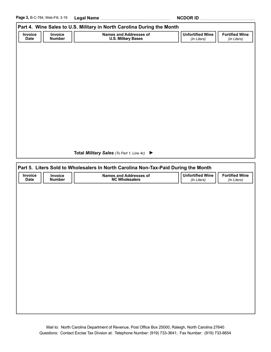 Form B-C-784 Wine Wholesaler and Importer and Resident Winery Excise Tax Return - North Carolina, Page 3