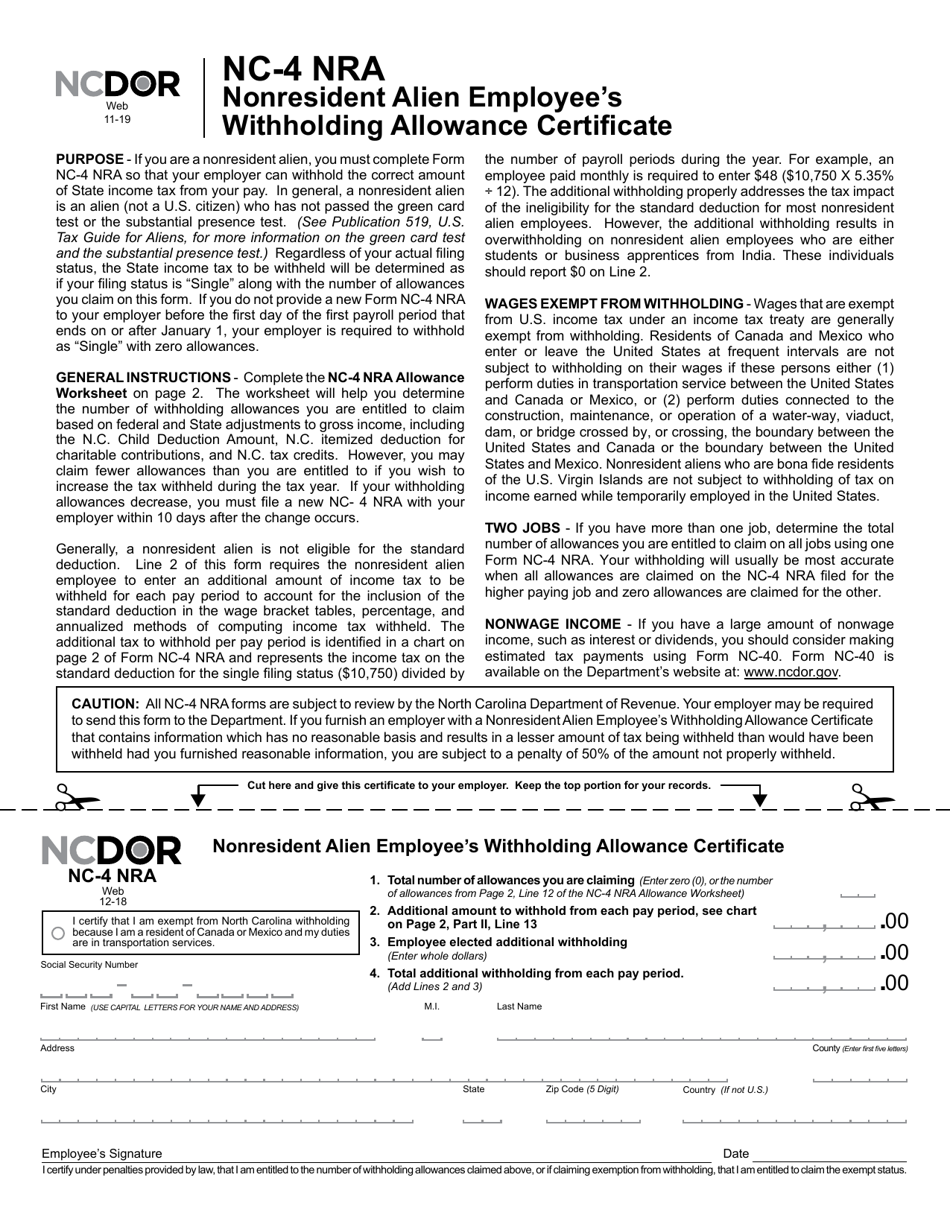 Form NC-4 NRA Nonresident Alien Employees Withholding Allowance Certificate - North Carolina, Page 2
