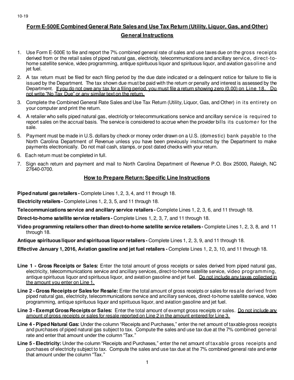 Instructions for Form E-500E Combined General Rate Sales and Use Tax Return (Utility, Liquor, Gas, and Other - North Carolina, Page 1