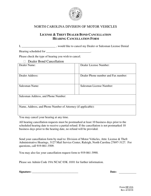 Form HF-016 License & Theft Dealer Bond Cancellation Hearing Cancellation Form - North Carolina