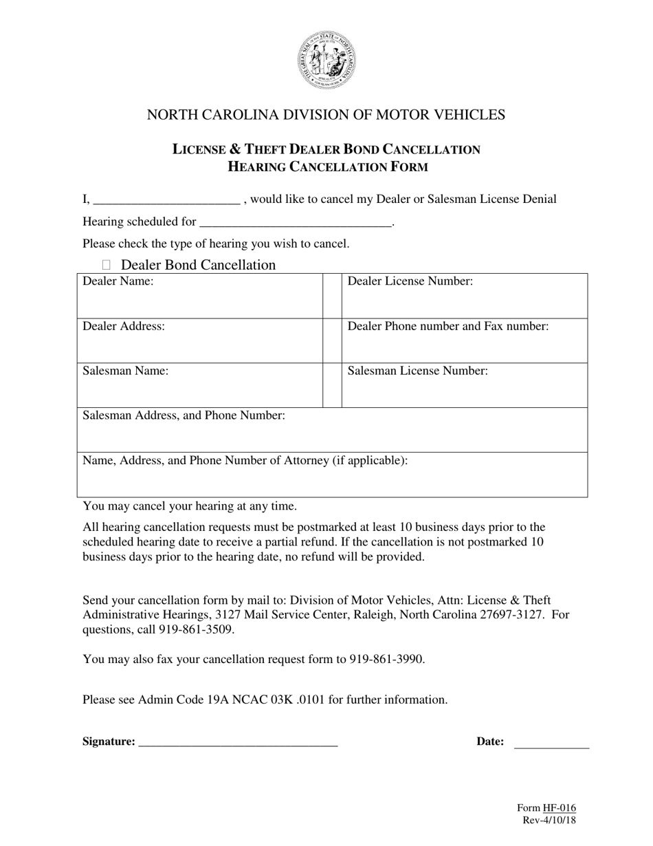 Form HF-016 License  Theft Dealer Bond Cancellation Hearing Cancellation Form - North Carolina, Page 1