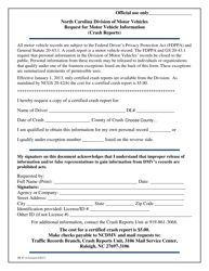 Form TR-67 A &quot;Request for Motor Vehicle Information (Crash Reports)&quot; - North Carolina