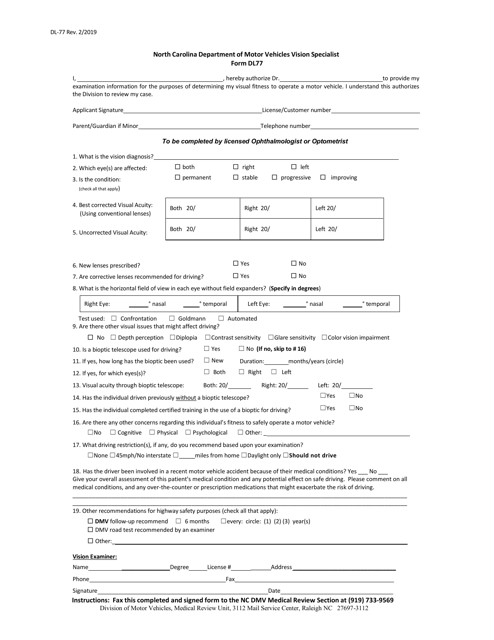 Form DL-77  Printable Pdf