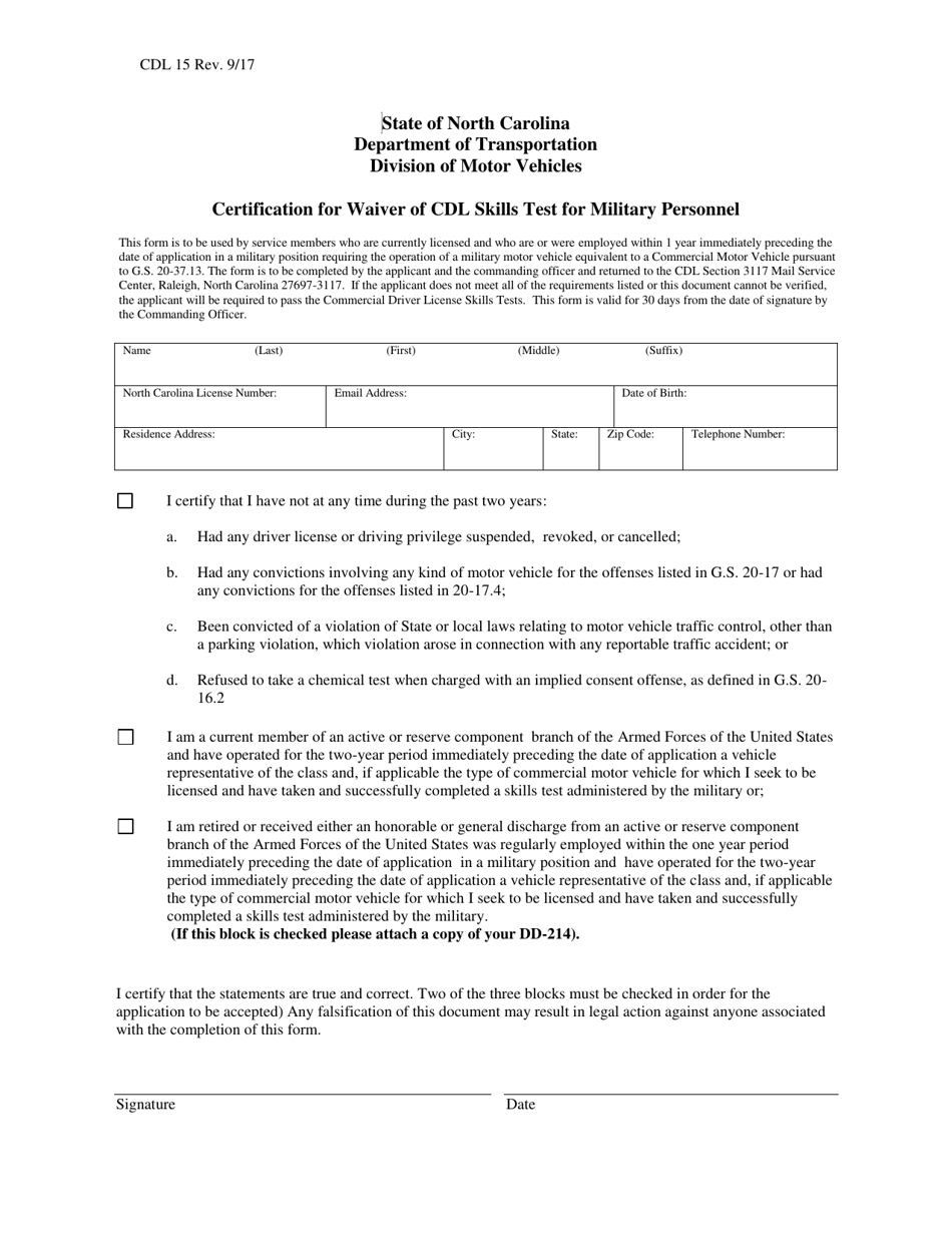 Form CDL15 Certification for Waiver of Cdl Skills Test for Military Personnel - North Carolina, Page 1