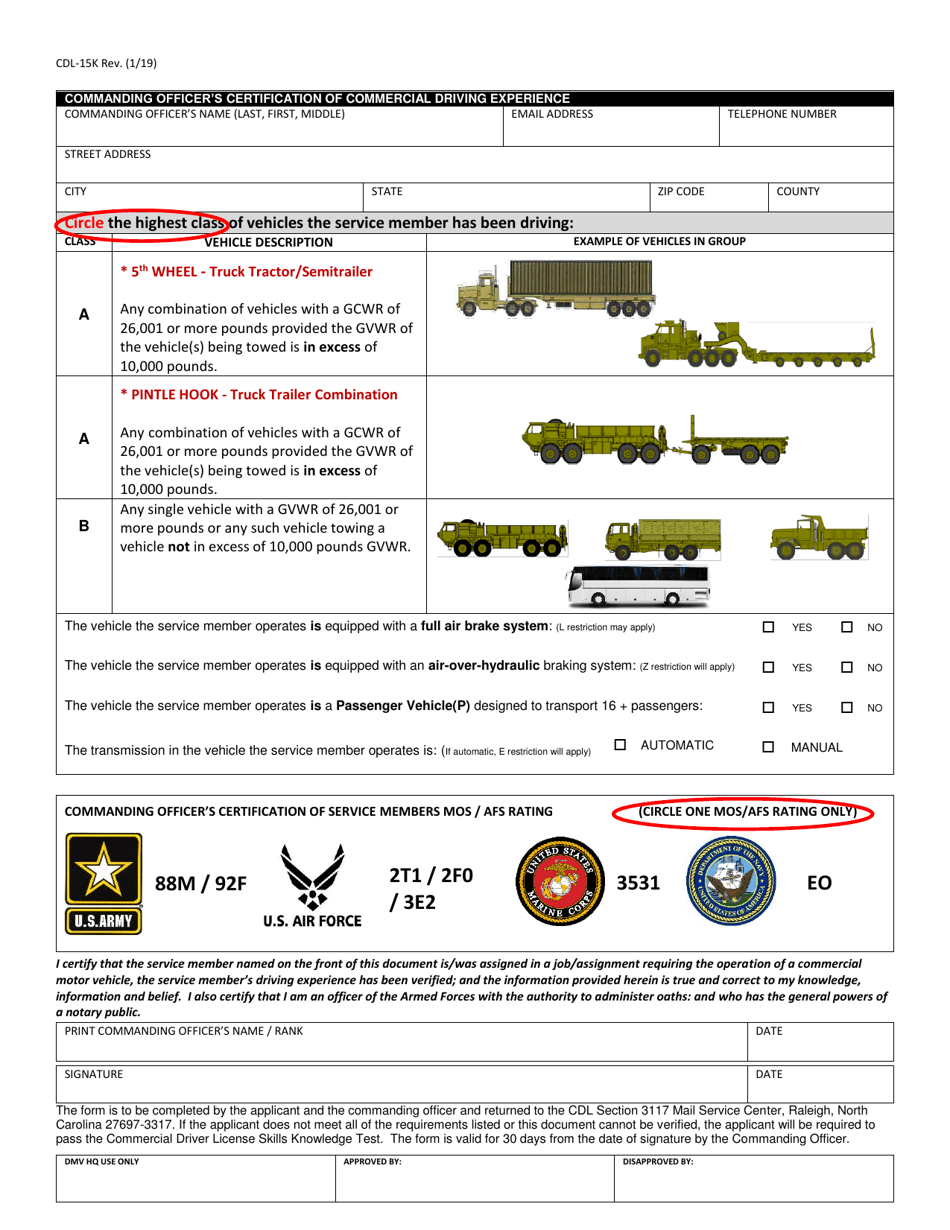 Form CDL-15K State of North Carolina Application for Exchange of U.S. Military Commercial Driving Experience for Commercial Drivers License (Cdl) - North Carolina, Page 2