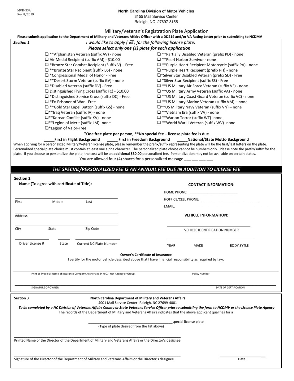 Form MVR-33A Military / Veterans Registration Plate Application - North Carolina, Page 1
