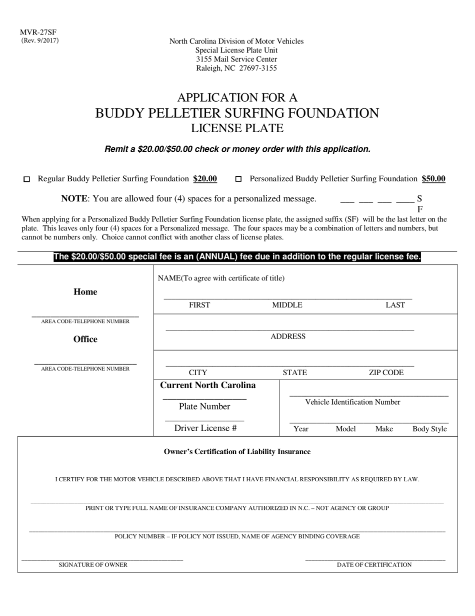 Form MVR-27SF Application for a Buddy Pelletier Surfing Foundation License Plate - North Carolina, Page 1