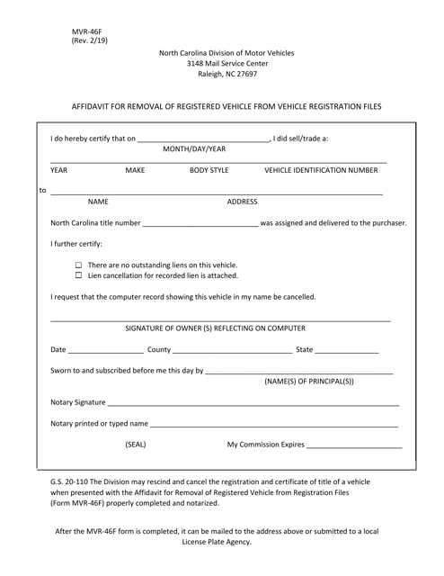 Form MVR-46F Affidavit for Removal of Registered Vehicle From Vehicle Registration Files - North Carolina