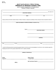 Document preview: Form MVR-69 Affidavit to Release Instant Title - North Carolina