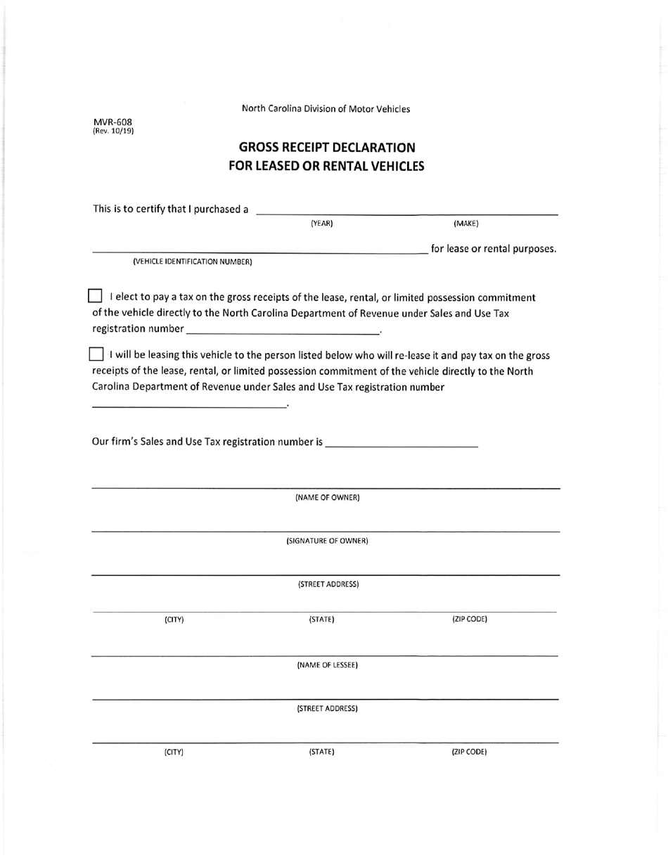 Form MVR-608 Gross Receipt Declaration for Leased or Rental Vehicles - North Carolina, Page 1