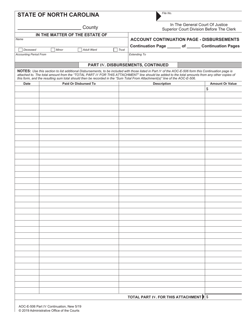 Form AOC-E-506 Part IV Account Continuation Page - Disbursements - North Carolina, Page 1