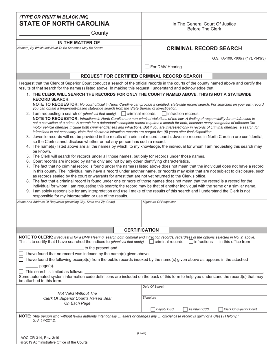 Form AOC-CR-314 Criminal Record Search - North Carolina, Page 1