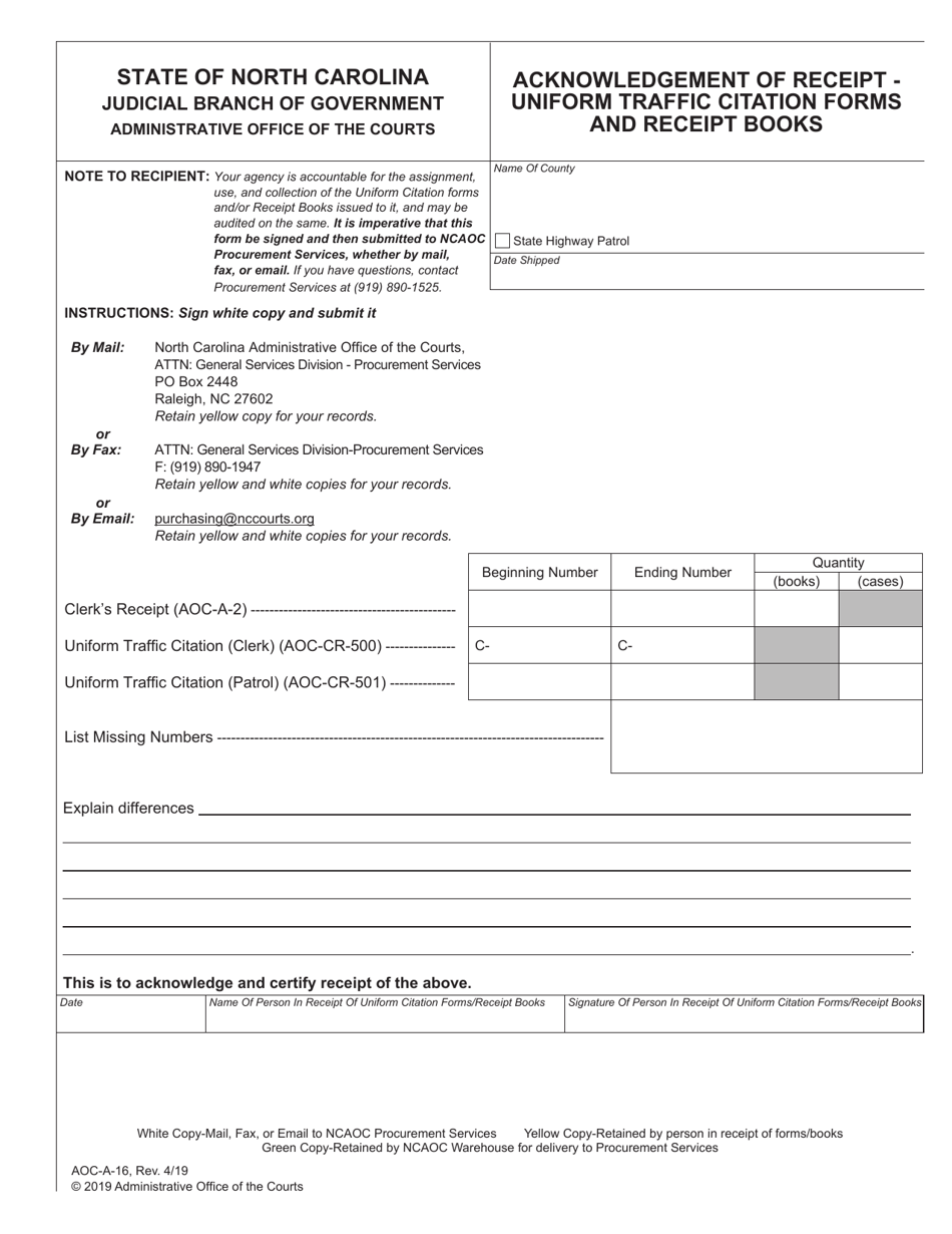 Form AOC-A-16 Acknowledgement of Receipt - Uniform Traffic Citation Forms and Receipt Books - North Carolina, Page 1
