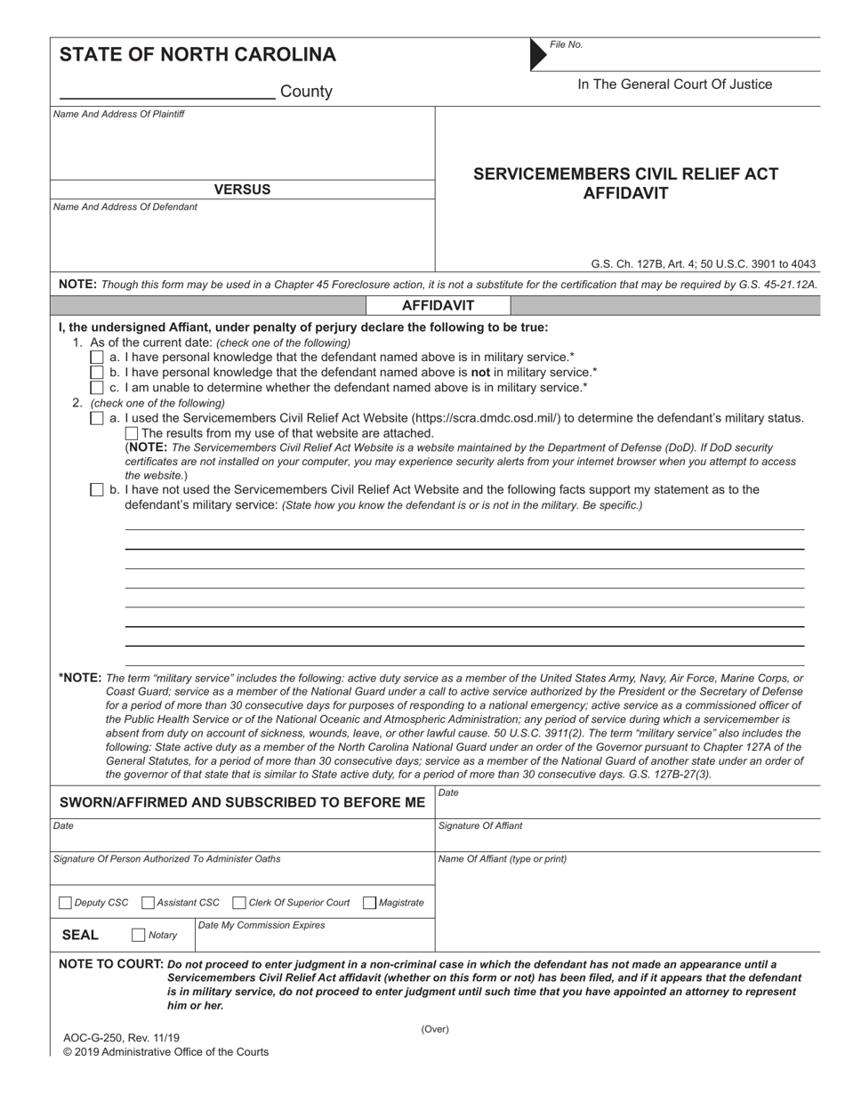 Form AOC-G-250 Servicemembers Civil Relief Act Affidavit - North Carolina, Page 1