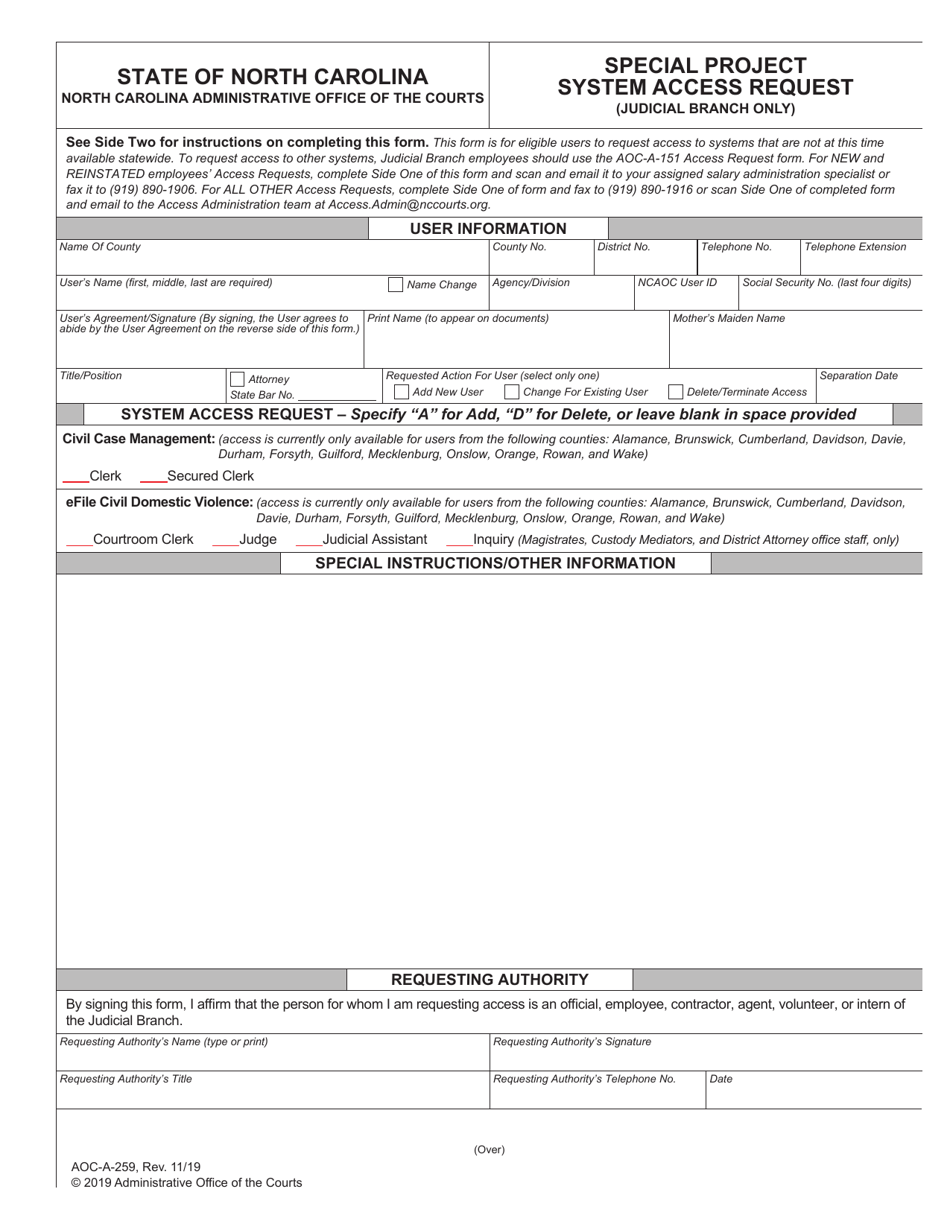 Form AOC-A-259 Special Project System Access Request - North Carolina, Page 1