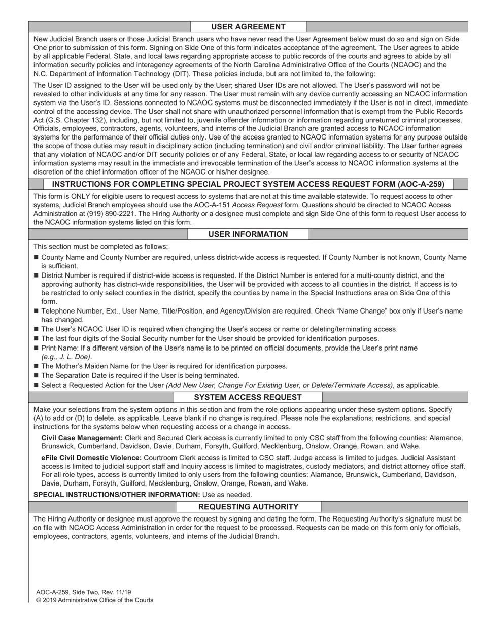 Form AOC-A-259 Special Project System Access Request - North Carolina, Page 2