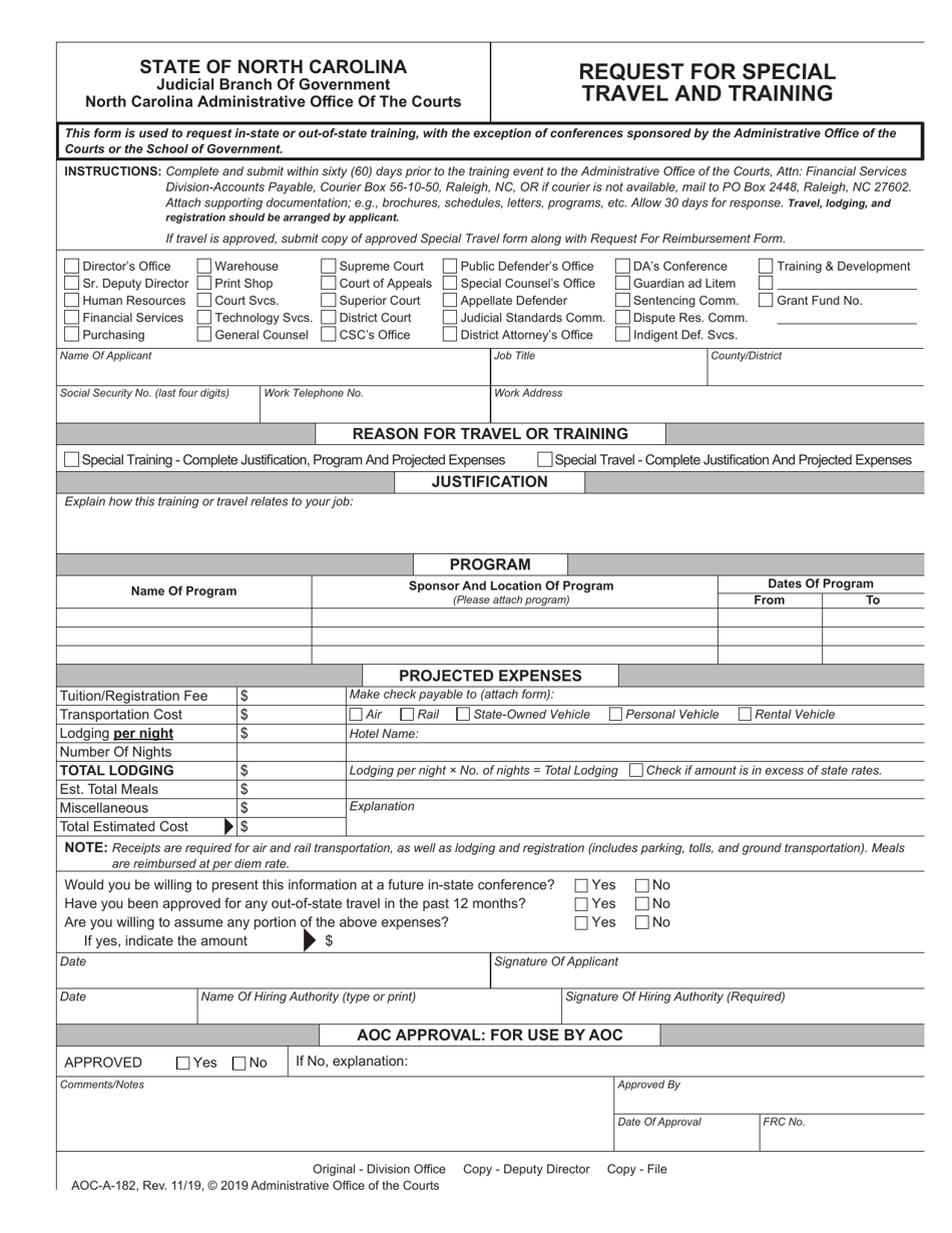 Form AOC-A-182 Request for Special Travel and Training - North Carolina, Page 1