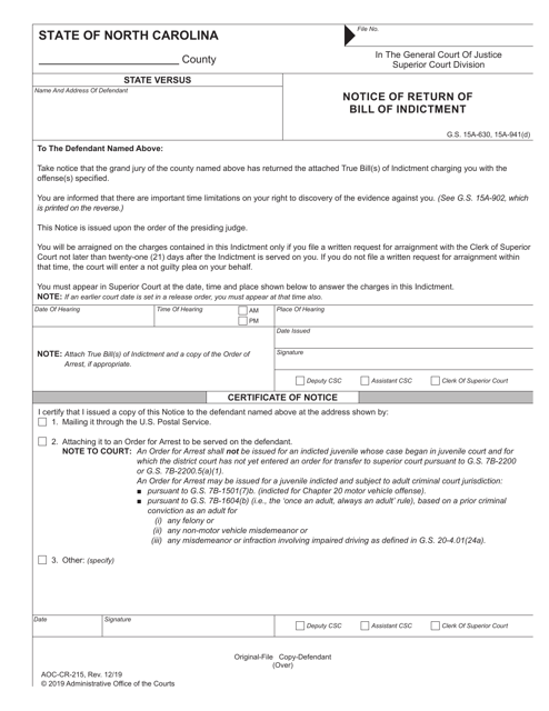 Form AOC-CR-215 Notice of Return of Bill of Indictment - North Carolina