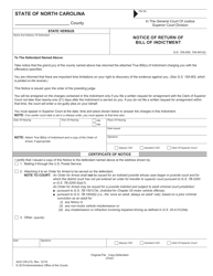 Form AOC-CR-215 Notice of Return of Bill of Indictment - North Carolina