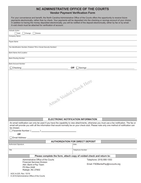 Form AOC-A-225 Vendor Payment Verification Form - North Carolina