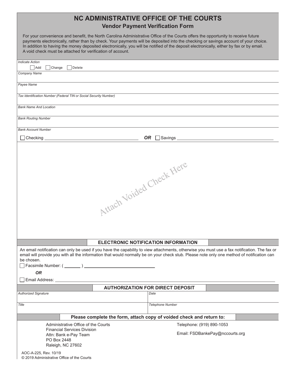 Form AOC-A-225 Vendor Payment Verification Form - North Carolina, Page 1