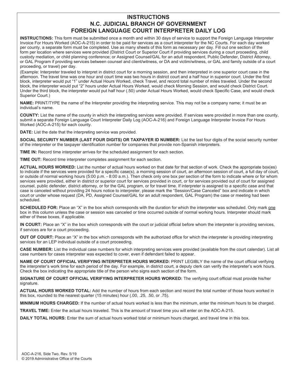 Form AOC-A-216 Foreign Language Court Interpreter Daily Log - North Carolina, Page 2