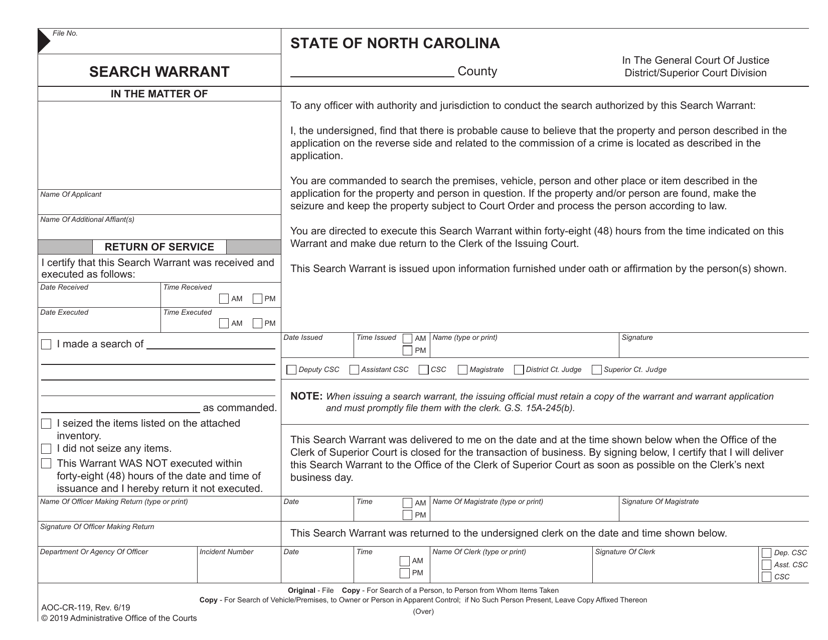 Form AOC-CR-119 Search Warrant - North Carolina