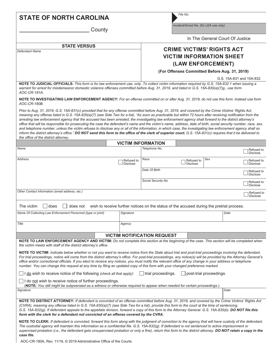 Form AOC-CR-180A Crime Victims Rights Act Victim Information Sheet (Law Enforcement) (For Offenses Committed Before Aug. 31, 2019) - North Carolina, Page 1