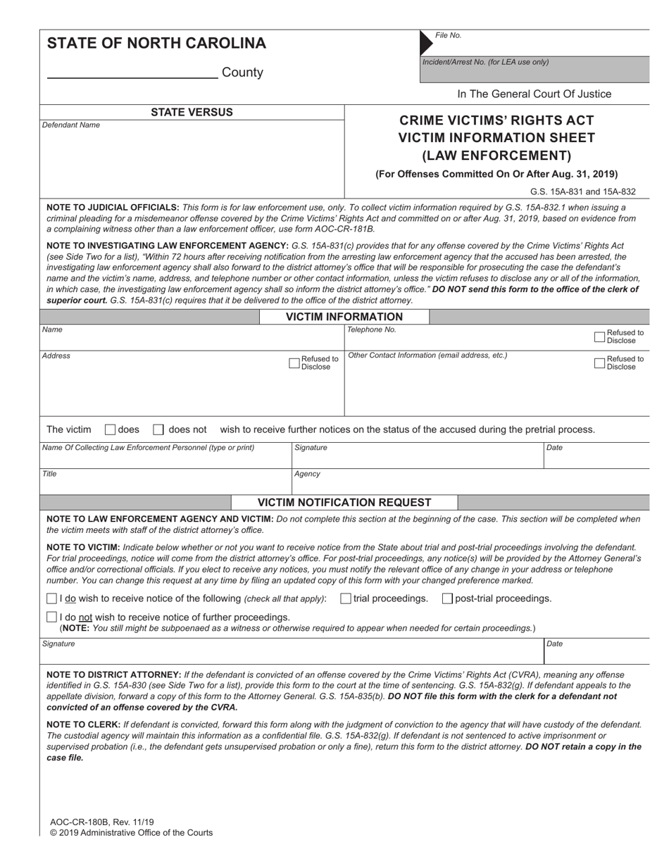 Form AOC-CR-180B Crime Victims Rights Act Victim Information Sheet (Law Enforcement) (For Offenses Committed on or After Aug. 31, 2019) - North Carolina, Page 1