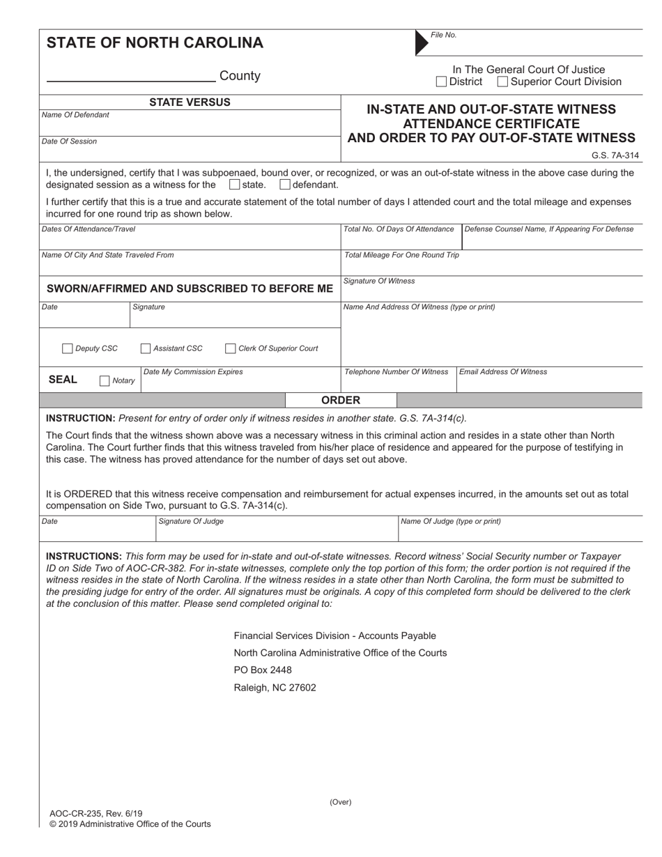 Form AOC-CR-235 In-state and Out-of-State Witness Attendance Certificate and Order to Pay Out-of-State Witness - North Carolina, Page 1